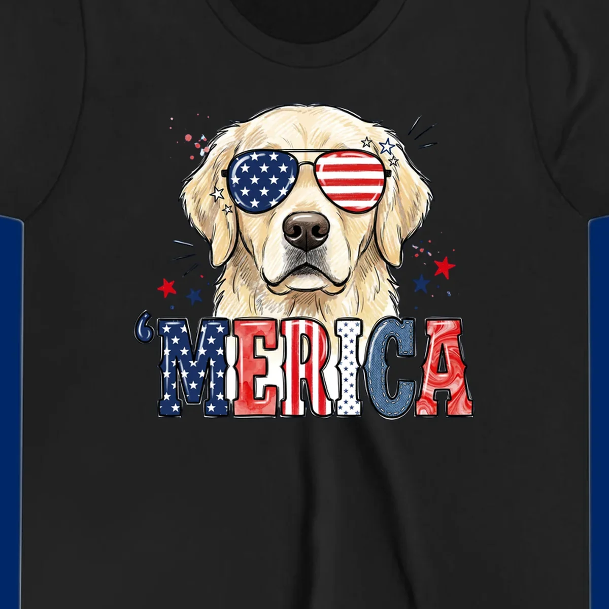 An illustration of a golden retriever wearing American flag sunglasses, with paint splatters and stars, and the text 'MERICA below, celebrating patriotic dog merica.