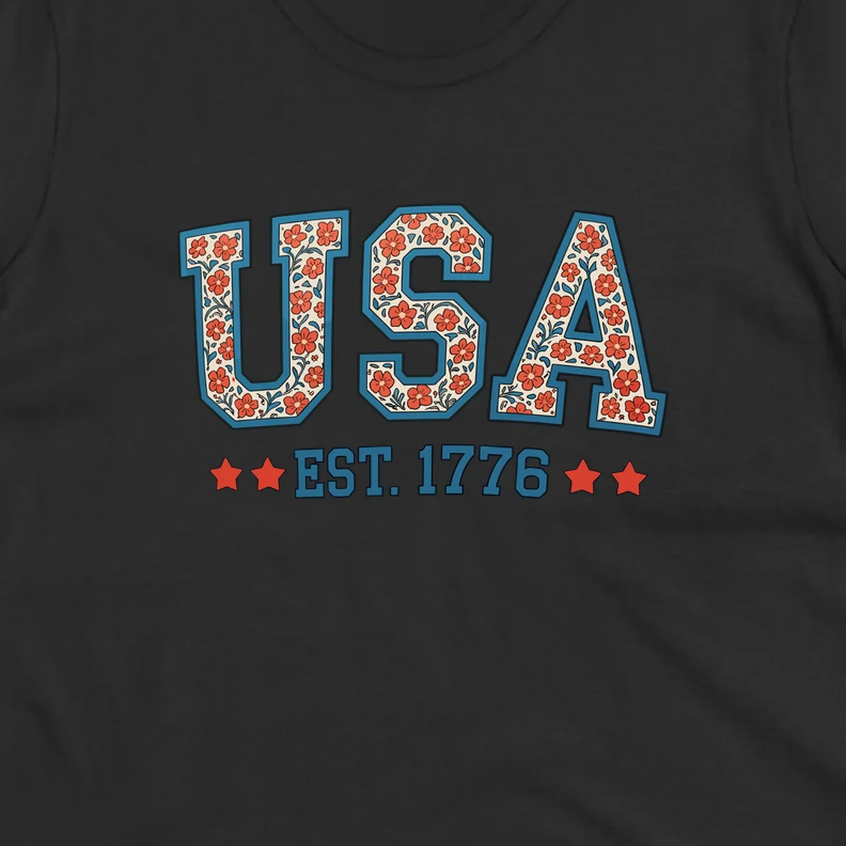 Illustrated text 'USA' with red flowers and blue leaves, above blue 'EST. 1776' text flanked by red stars. Concept: usa-est-1776-floral.