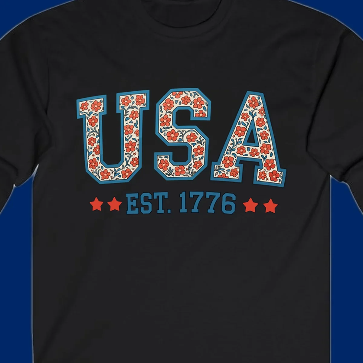 Illustrated text 'USA' with red flowers and blue leaves, above blue 'EST. 1776' text flanked by red stars. Concept: usa-est-1776-floral.