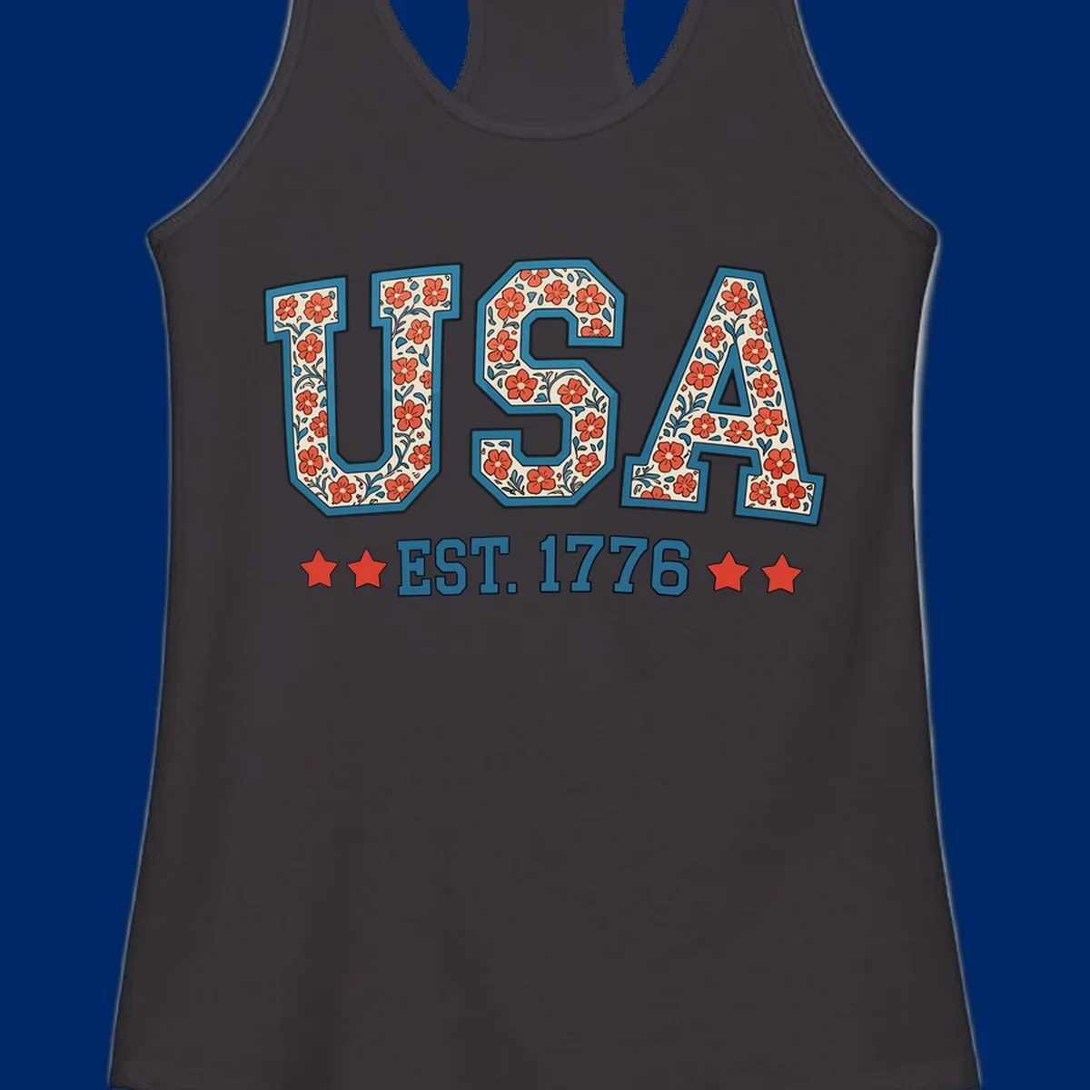 Illustrated text 'USA' with red flowers and blue leaves, above blue 'EST. 1776' text flanked by red stars. Concept: usa-est-1776-floral.