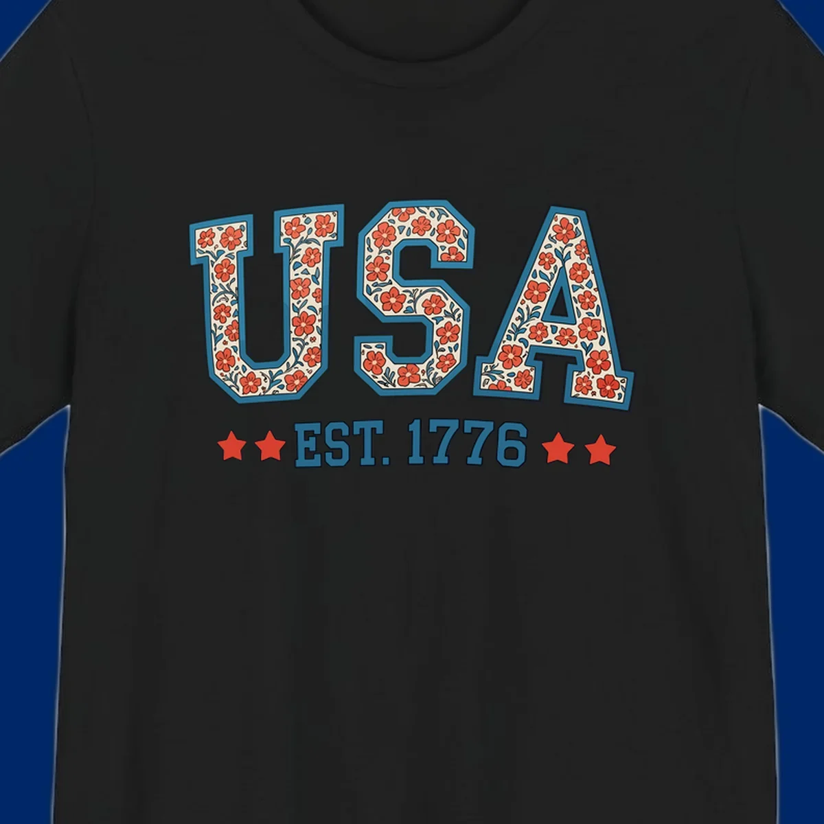 Illustrated text 'USA' with red flowers and blue leaves, above blue 'EST. 1776' text flanked by red stars. Concept: usa-est-1776-floral.