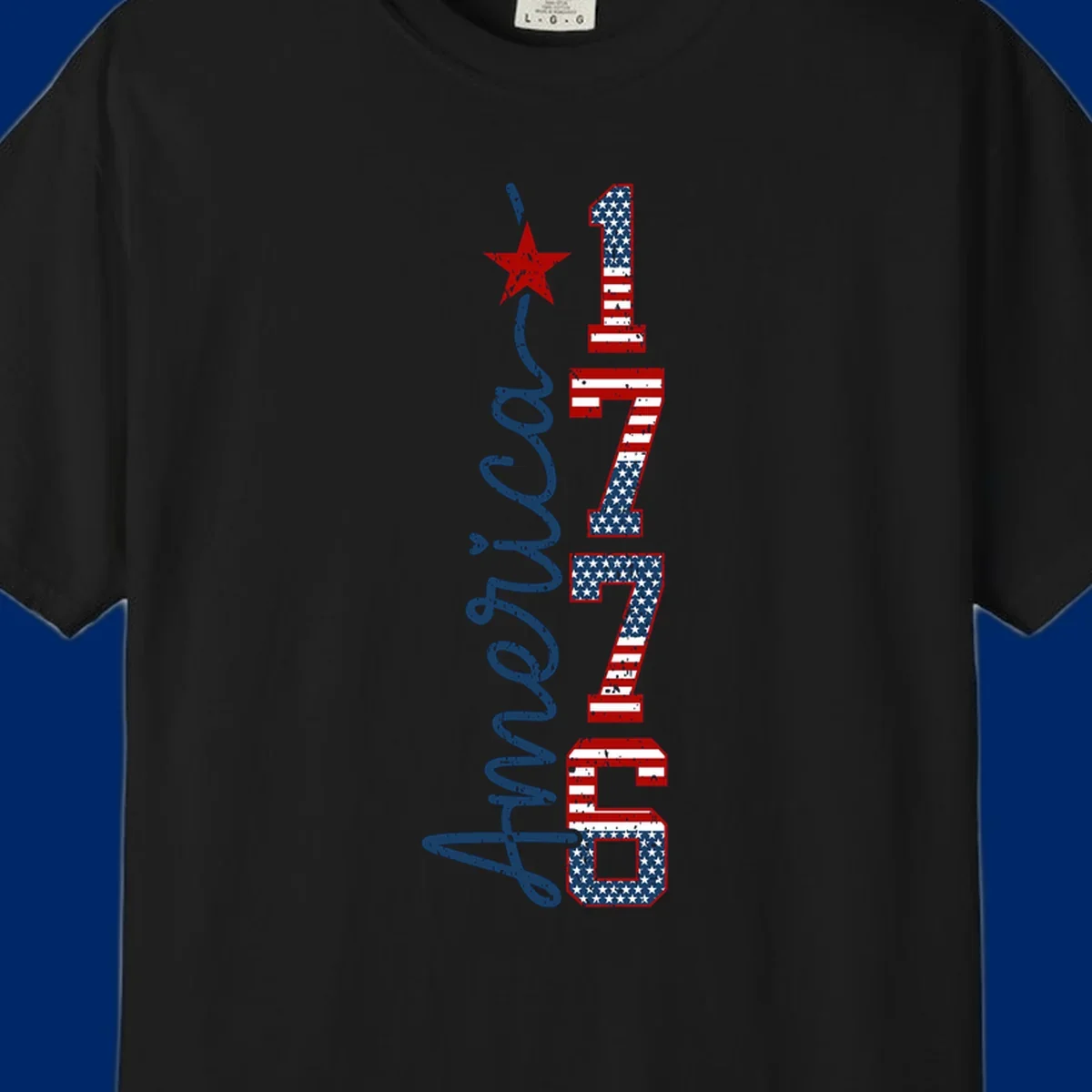 A distressed patriotic design featuring the word 'America' in blue script and the numbers '1776' in an American flag pattern, with a red star above, representing the america-1776-patriotic-celebration.