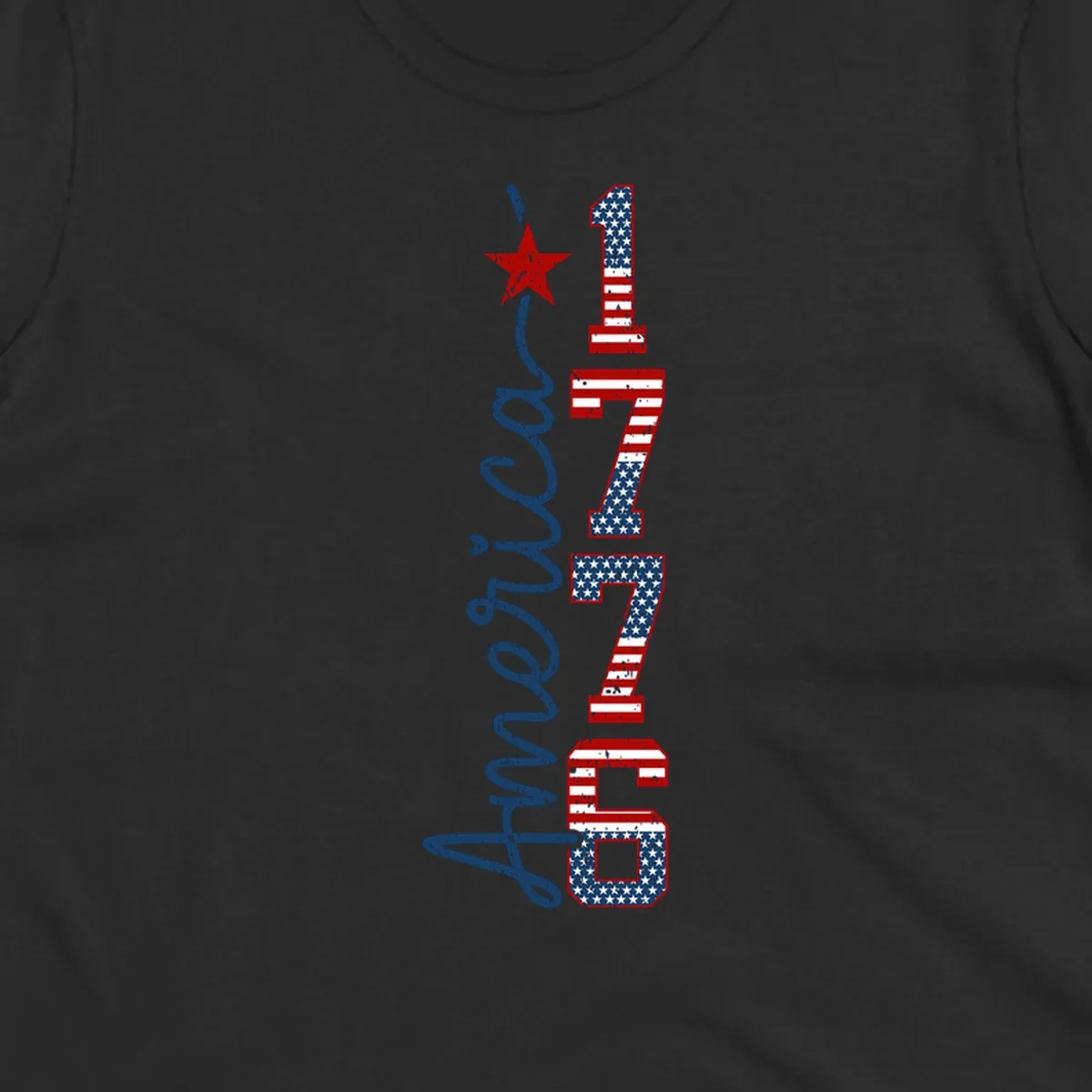 A distressed patriotic design featuring the word 'America' in blue script and the numbers '1776' in an American flag pattern, with a red star above, representing the america-1776-patriotic-celebration.