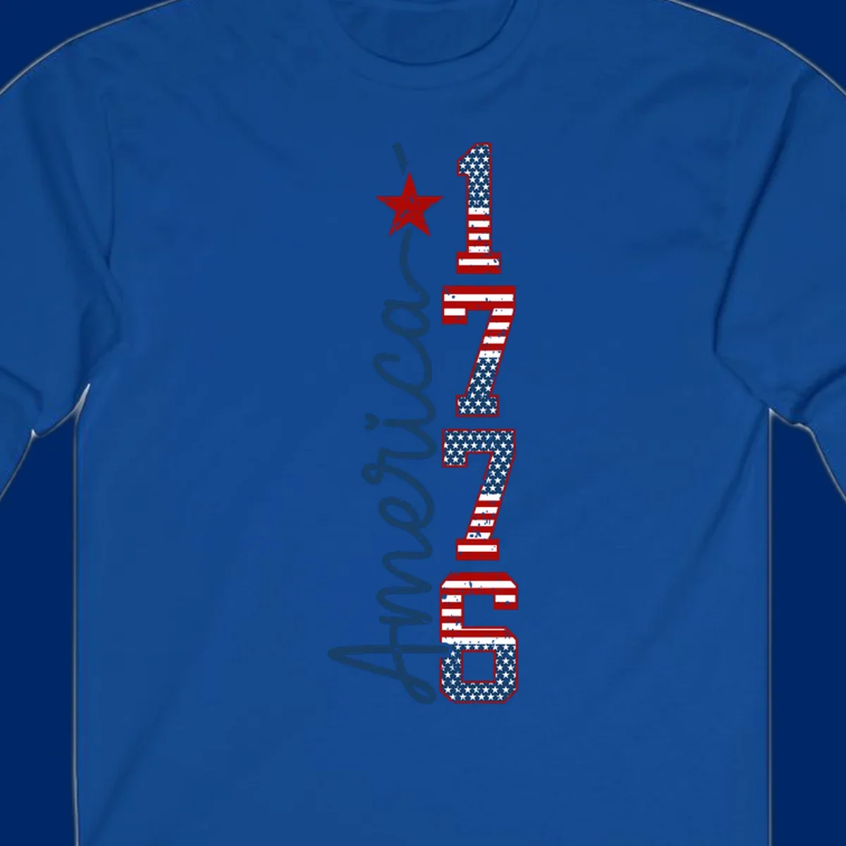 A distressed patriotic design featuring the word 'America' in blue script and the numbers '1776' in an American flag pattern, with a red star above, representing the america-1776-patriotic-celebration.