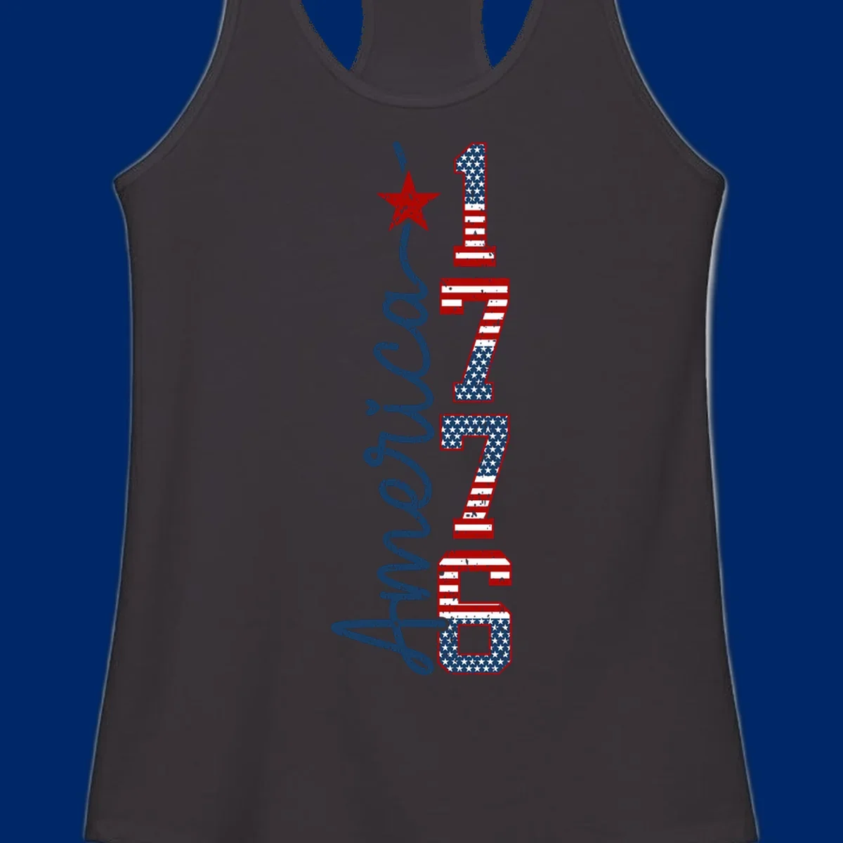 A distressed patriotic design featuring the word 'America' in blue script and the numbers '1776' in an American flag pattern, with a red star above, representing the america-1776-patriotic-celebration.