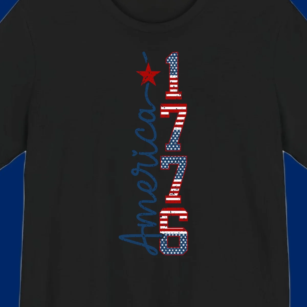 A distressed patriotic design featuring the word 'America' in blue script and the numbers '1776' in an American flag pattern, with a red star above, representing the america-1776-patriotic-celebration.