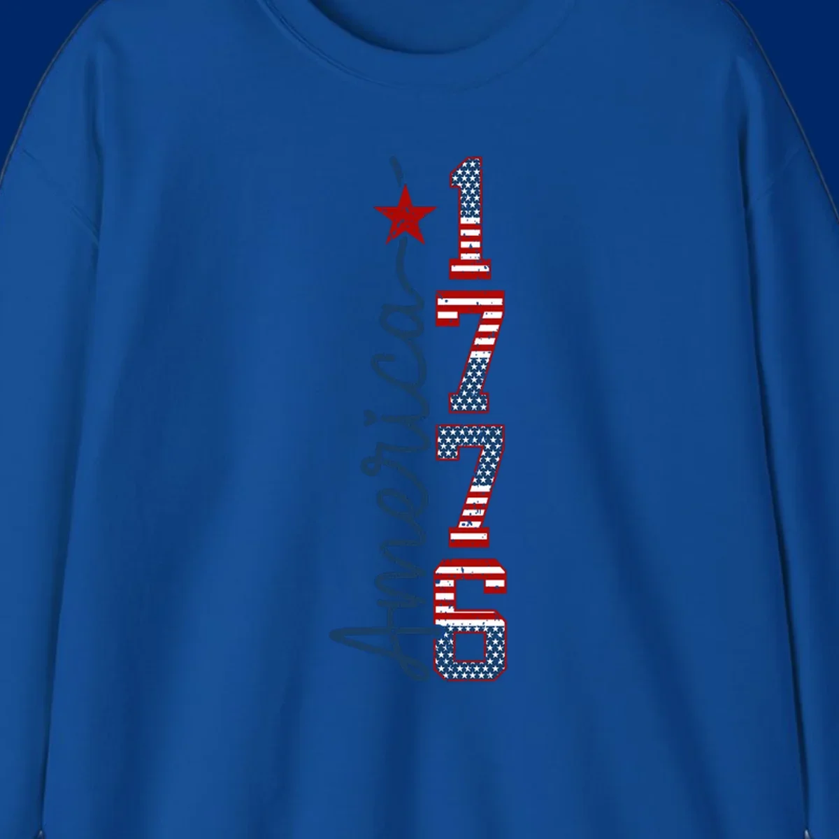 A distressed patriotic design featuring the word 'America' in blue script and the numbers '1776' in an American flag pattern, with a red star above, representing the america-1776-patriotic-celebration.