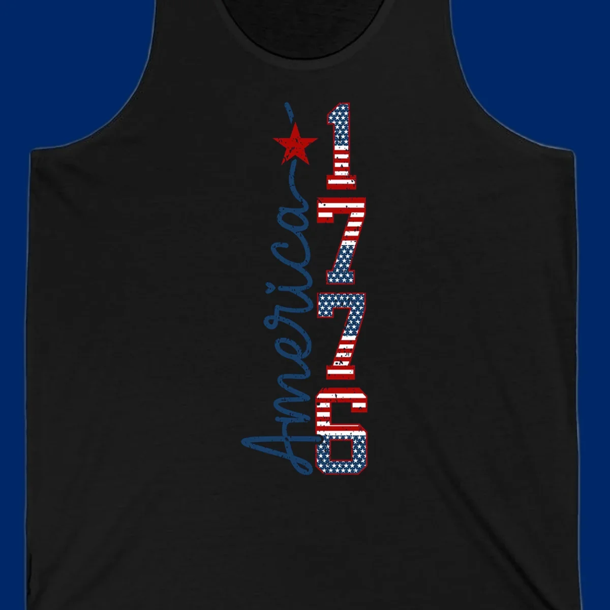 A distressed patriotic design featuring the word 'America' in blue script and the numbers '1776' in an American flag pattern, with a red star above, representing the america-1776-patriotic-celebration.
