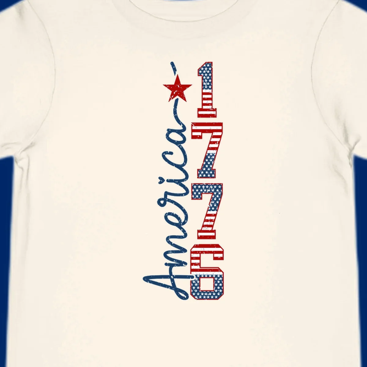 A distressed patriotic design featuring the word 'America' in blue script and the numbers '1776' in an American flag pattern, with a red star above, representing the america-1776-patriotic-celebration.