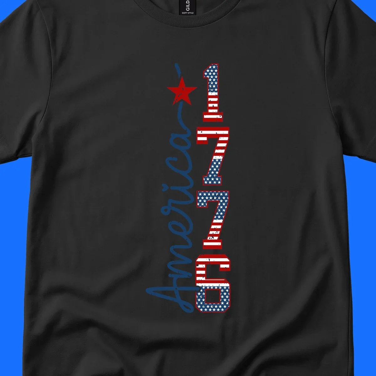 A distressed patriotic design featuring the word 'America' in blue script and the numbers '1776' in an American flag pattern, with a red star above, representing the america-1776-patriotic-celebration.