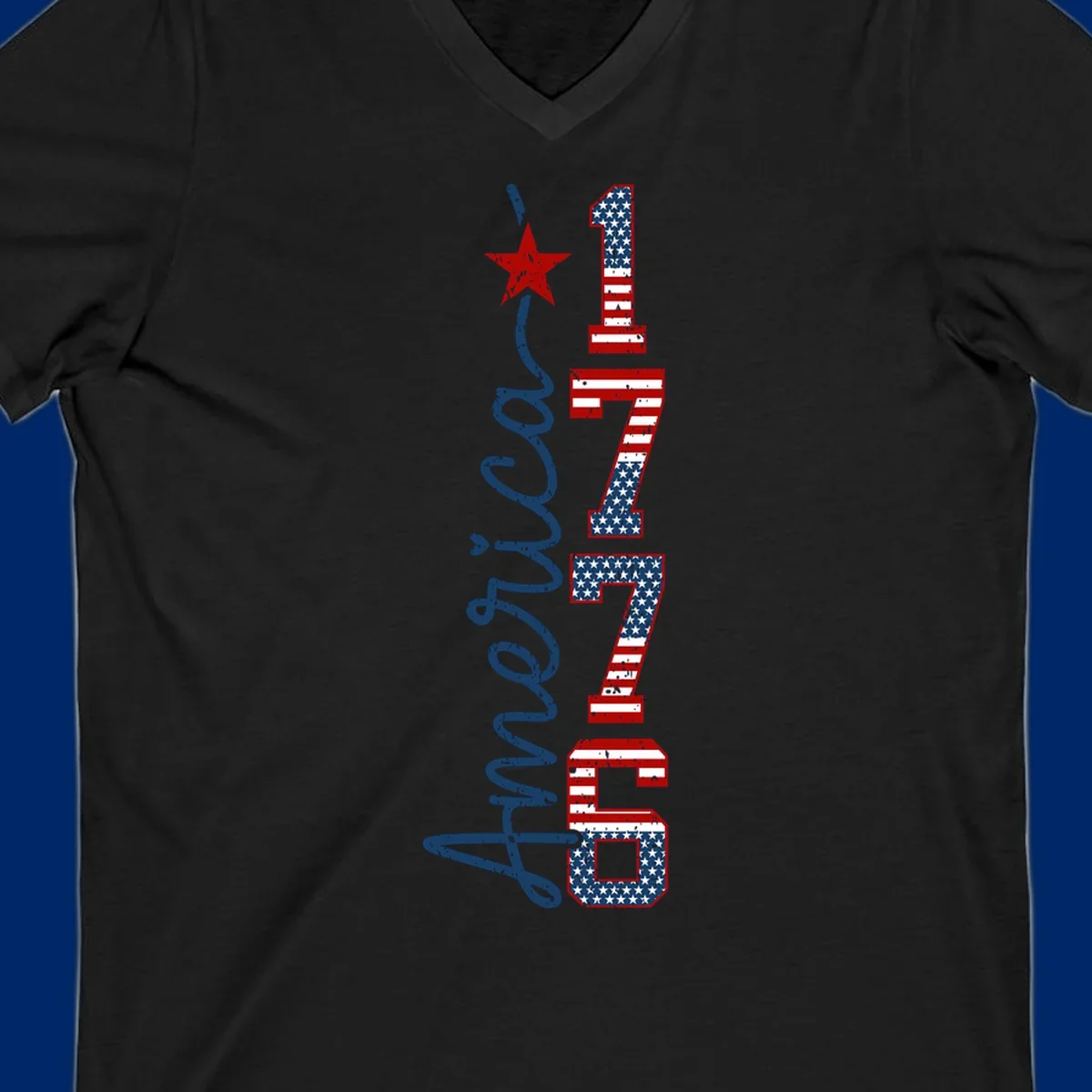 A distressed patriotic design featuring the word 'America' in blue script and the numbers '1776' in an American flag pattern, with a red star above, representing the america-1776-patriotic-celebration.