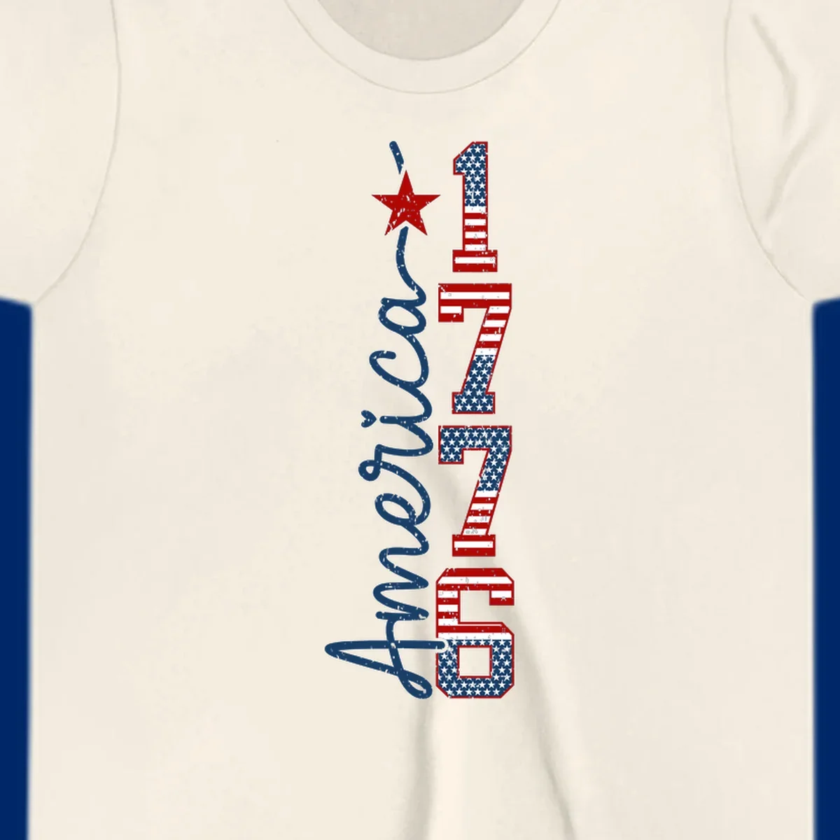 A distressed patriotic design featuring the word 'America' in blue script and the numbers '1776' in an American flag pattern, with a red star above, representing the america-1776-patriotic-celebration.
