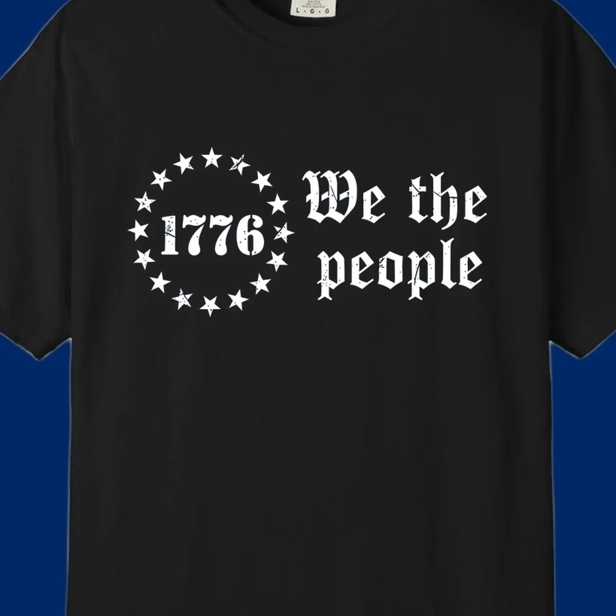 A distressed white design on a black background featuring 'WE THE PEOPLE', 'EST. 1776', '250 YEARS' text and patriotic stars for America's 250th anniversary.