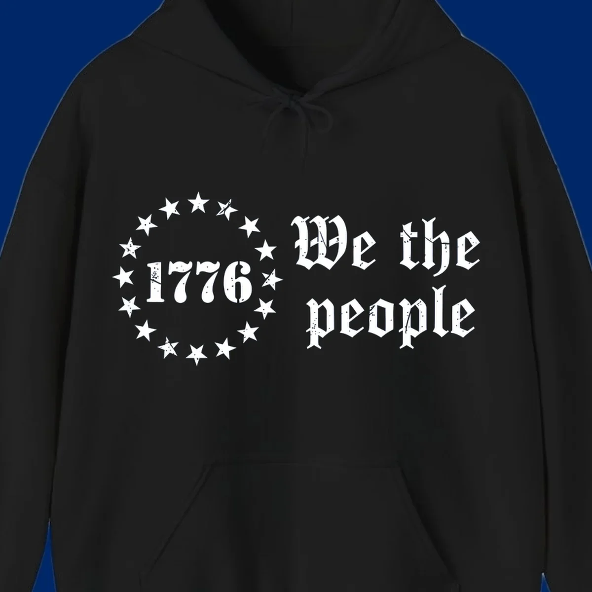 A distressed white design on a black background featuring 'WE THE PEOPLE', 'EST. 1776', '250 YEARS' text and patriotic stars for America's 250th anniversary.