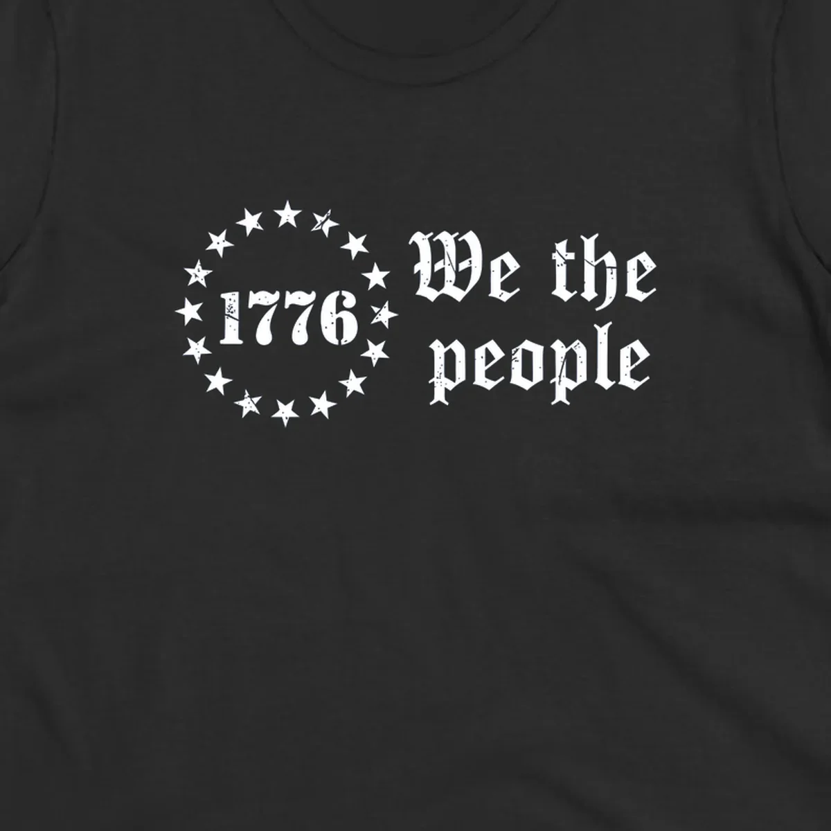 A distressed white design on a black background featuring 'WE THE PEOPLE', 'EST. 1776', '250 YEARS' text and patriotic stars for America's 250th anniversary.