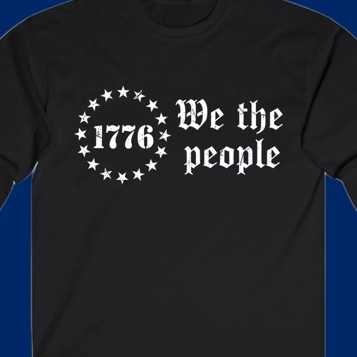 A distressed white design on a black background featuring 'WE THE PEOPLE', 'EST. 1776', '250 YEARS' text and patriotic stars for America's 250th anniversary.