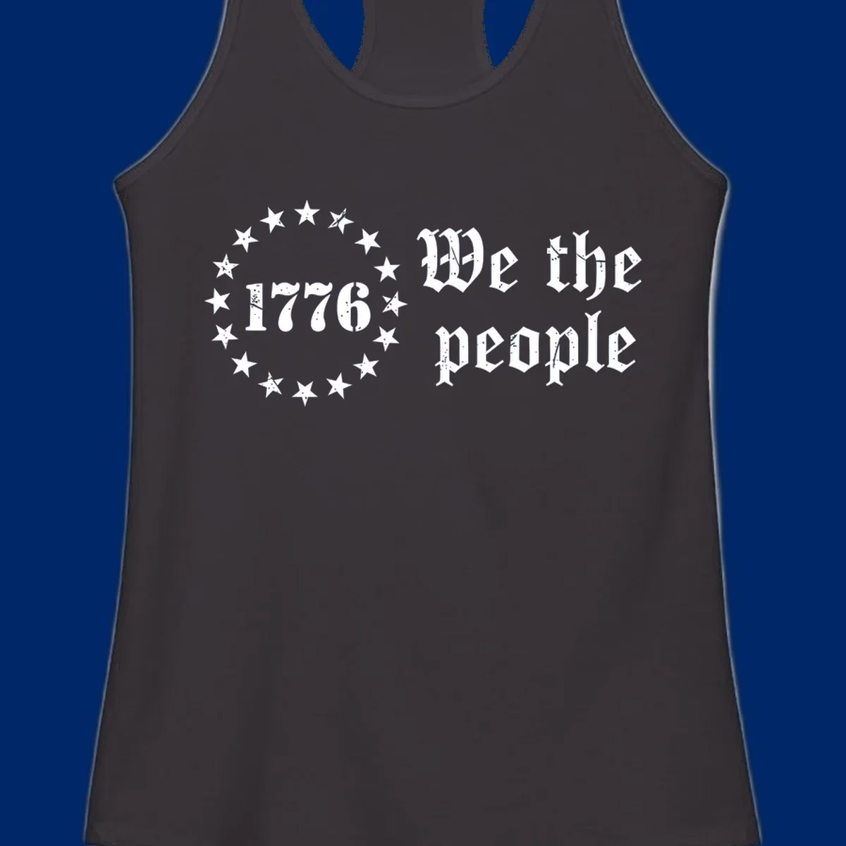 A distressed white design on a black background featuring 'WE THE PEOPLE', 'EST. 1776', '250 YEARS' text and patriotic stars for America's 250th anniversary.