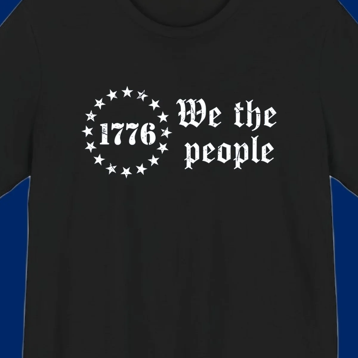 A distressed white design on a black background featuring 'WE THE PEOPLE', 'EST. 1776', '250 YEARS' text and patriotic stars for America's 250th anniversary.