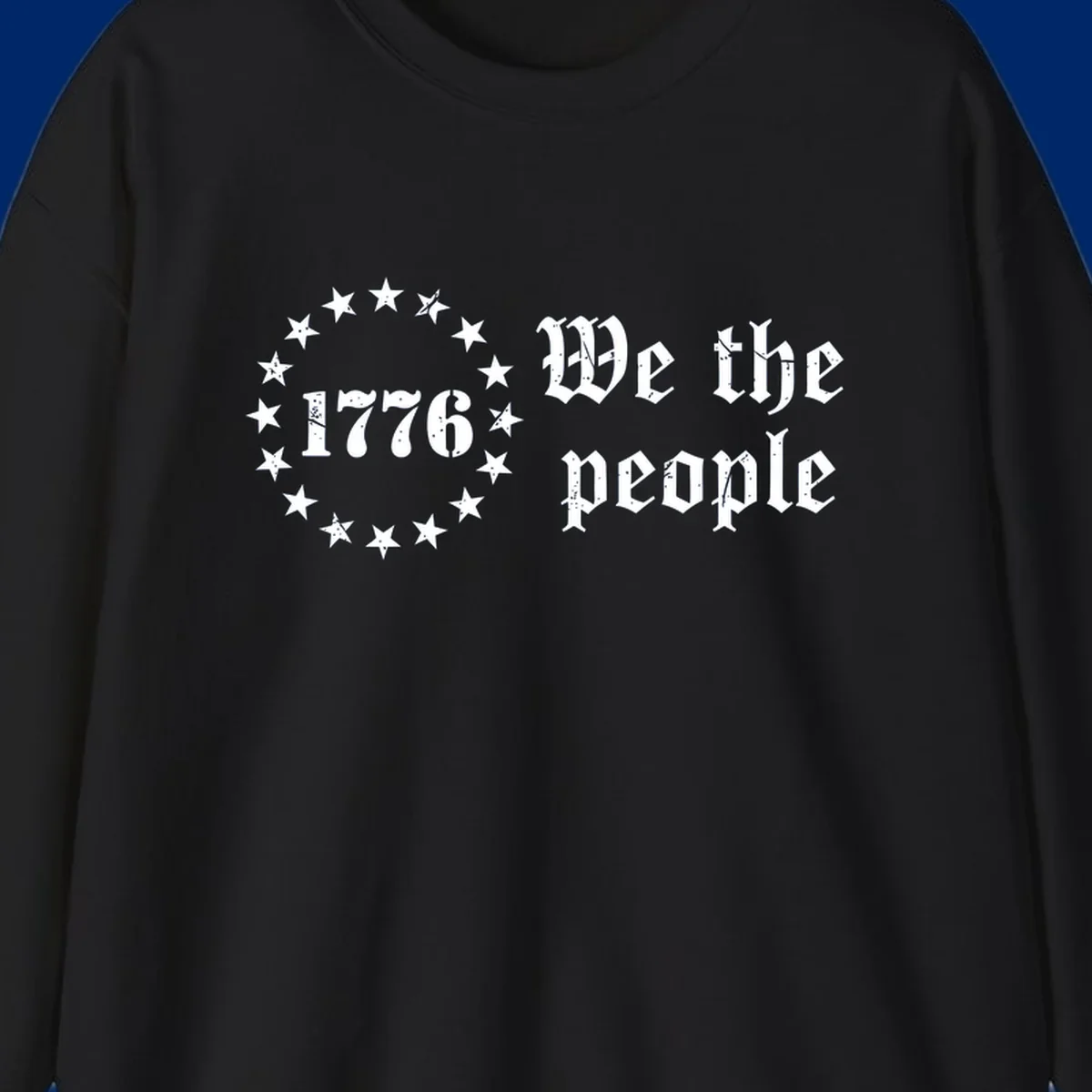 A distressed white design on a black background featuring 'WE THE PEOPLE', 'EST. 1776', '250 YEARS' text and patriotic stars for America's 250th anniversary.