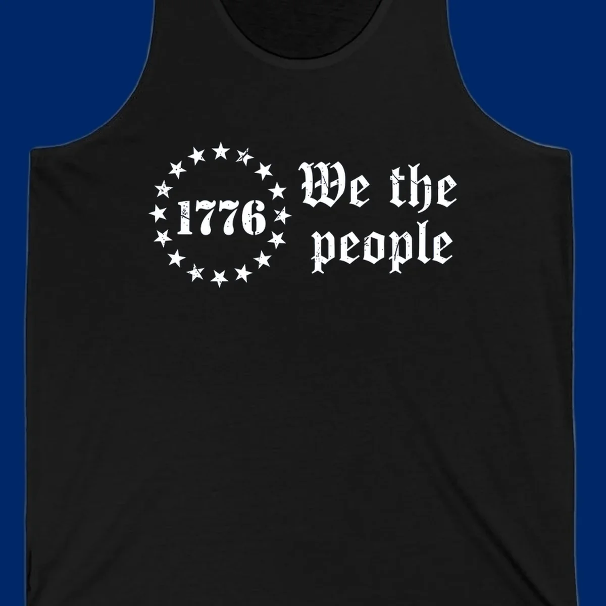A distressed white design on a black background featuring 'WE THE PEOPLE', 'EST. 1776', '250 YEARS' text and patriotic stars for America's 250th anniversary.