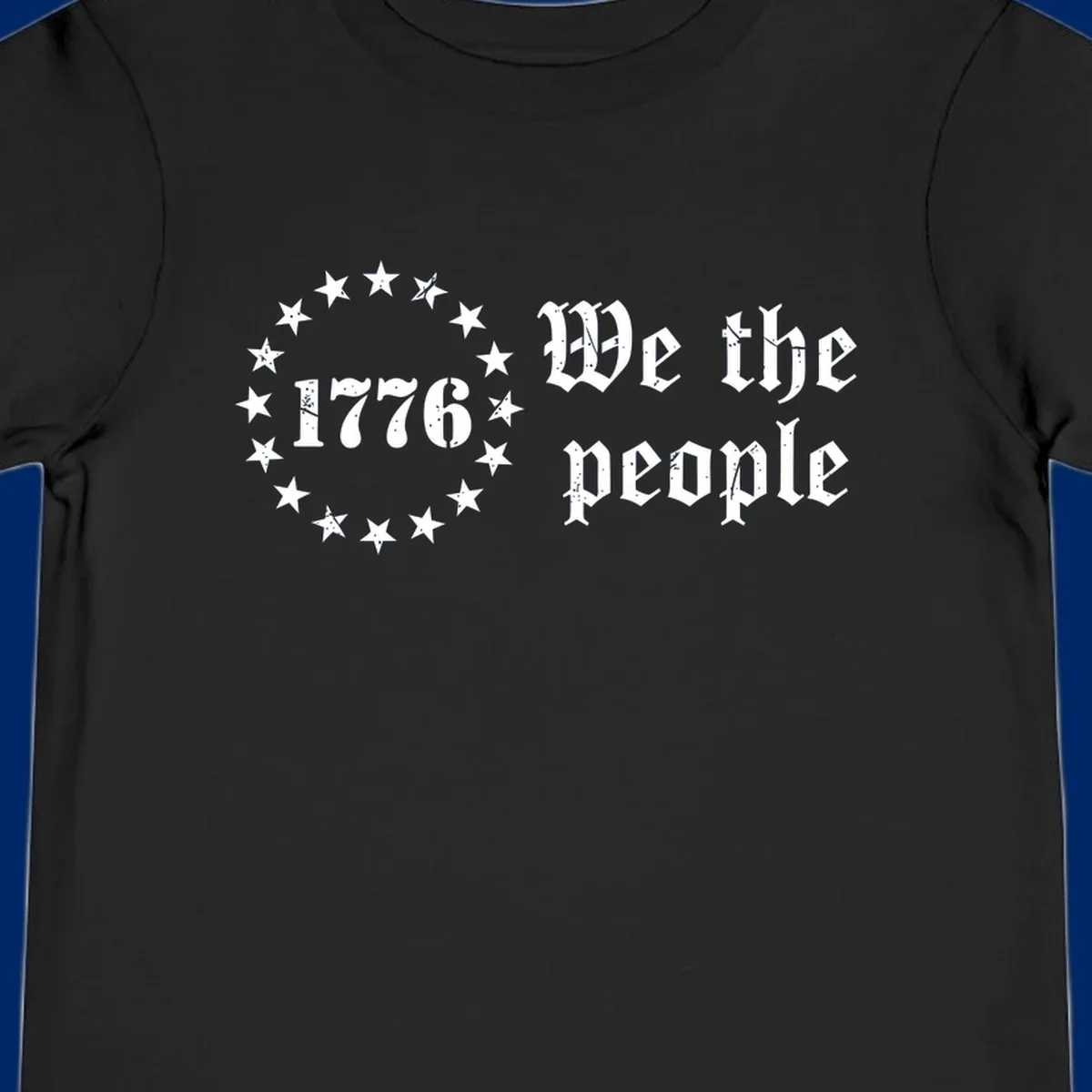 A distressed white design on a black background featuring 'WE THE PEOPLE', 'EST. 1776', '250 YEARS' text and patriotic stars for America's 250th anniversary.