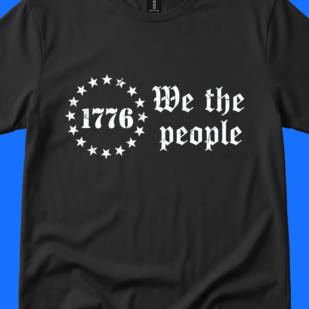 A distressed white design on a black background featuring 'WE THE PEOPLE', 'EST. 1776', '250 YEARS' text and patriotic stars for America's 250th anniversary.
