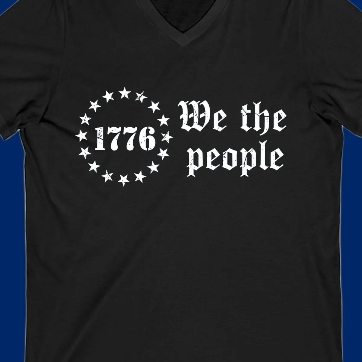 A distressed white design on a black background featuring 'WE THE PEOPLE', 'EST. 1776', '250 YEARS' text and patriotic stars for America's 250th anniversary.