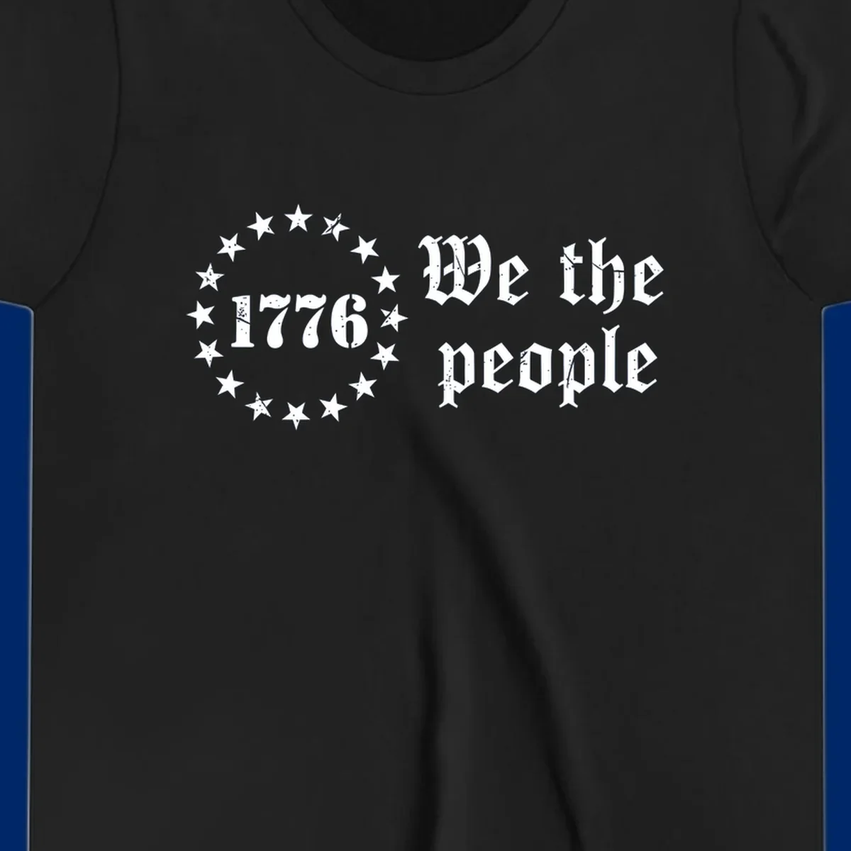 A distressed white design on a black background featuring 'WE THE PEOPLE', 'EST. 1776', '250 YEARS' text and patriotic stars for America's 250th anniversary.