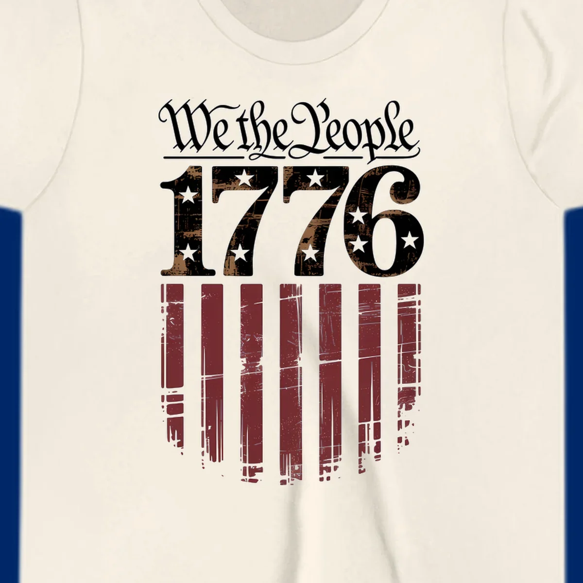 A distressed patriotic design featuring 'We the People' in script, '1776' with stars, and red stripes below, embodying the we-the-people-1776-flag theme.