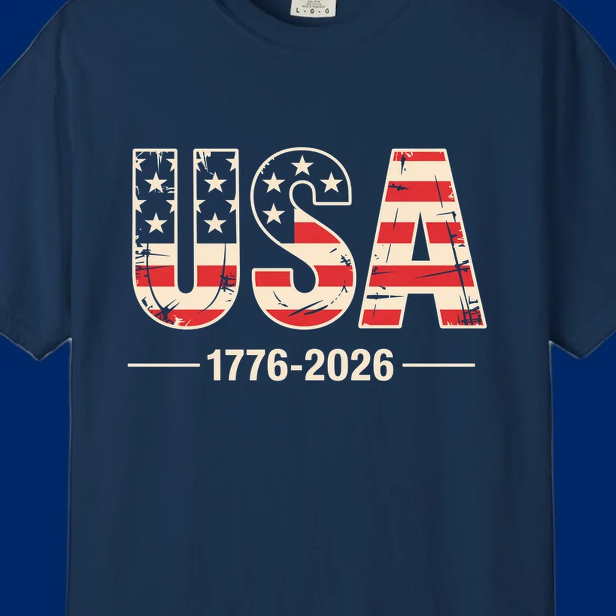 A vintage distressed design featuring the letters USA filled with stars and stripes, with 1776-2026 below, celebrating the usa-250th-anniversary.