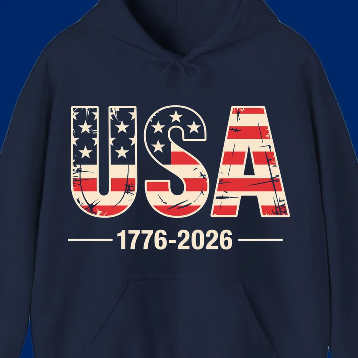A vintage distressed design featuring the letters USA filled with stars and stripes, with 1776-2026 below, celebrating the usa-250th-anniversary.