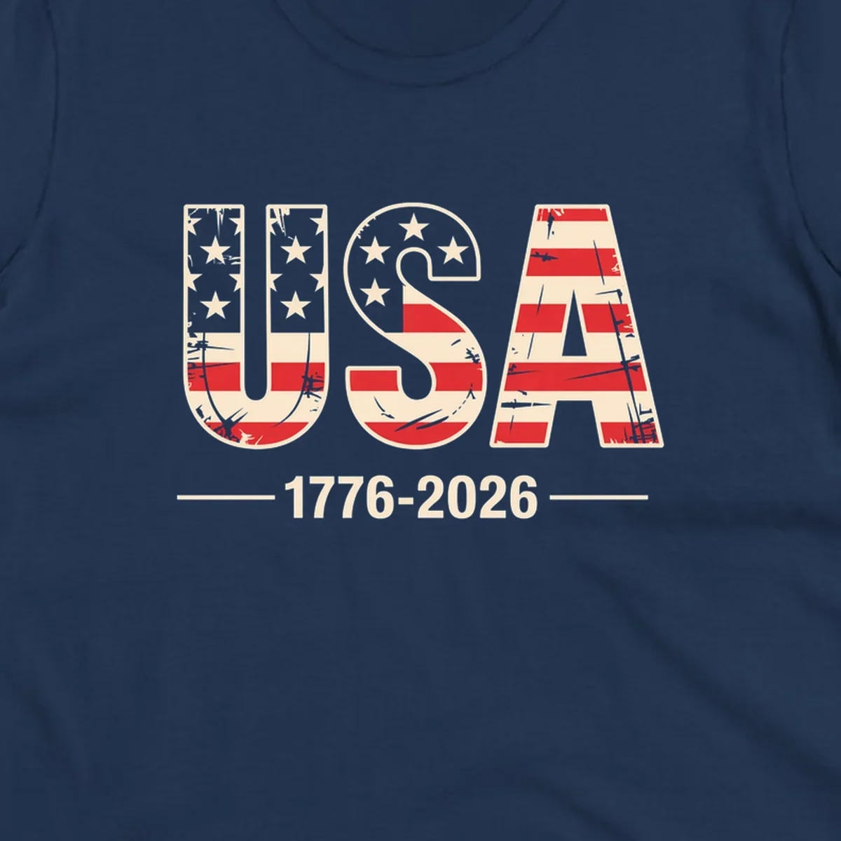 A vintage distressed design featuring the letters USA filled with stars and stripes, with 1776-2026 below, celebrating the usa-250th-anniversary.