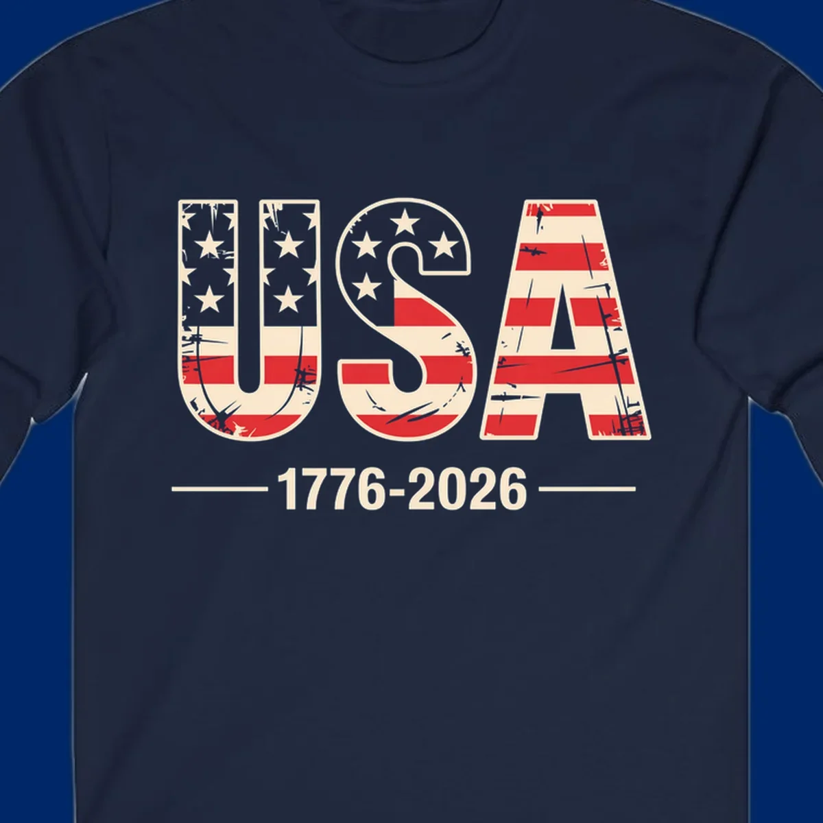 A vintage distressed design featuring the letters USA filled with stars and stripes, with 1776-2026 below, celebrating the usa-250th-anniversary.