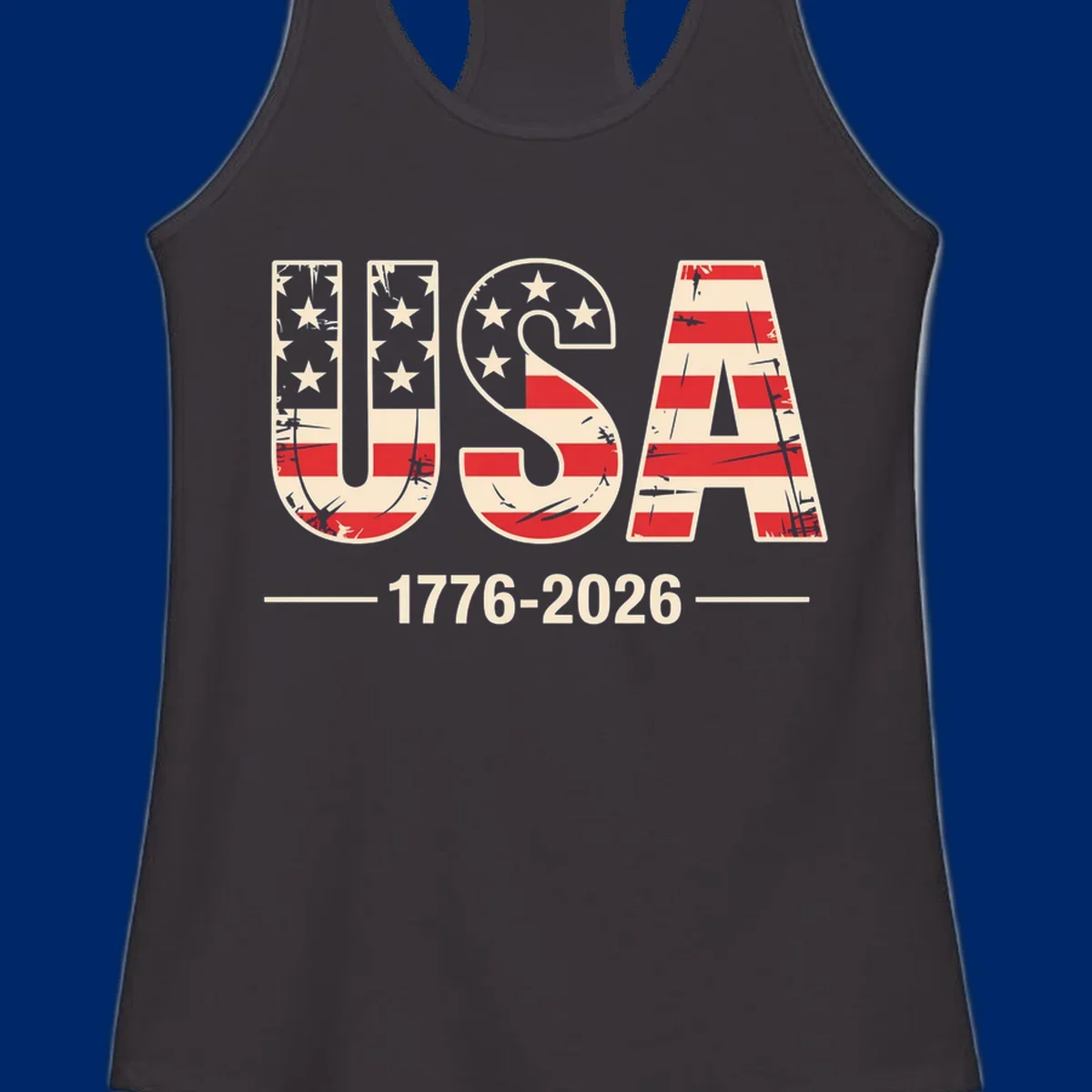 A vintage distressed design featuring the letters USA filled with stars and stripes, with 1776-2026 below, celebrating the usa-250th-anniversary.