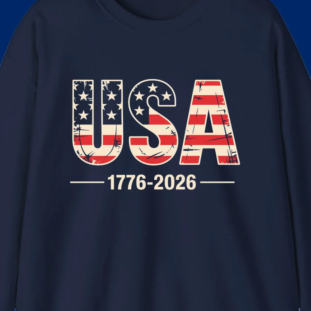 A vintage distressed design featuring the letters USA filled with stars and stripes, with 1776-2026 below, celebrating the usa-250th-anniversary.
