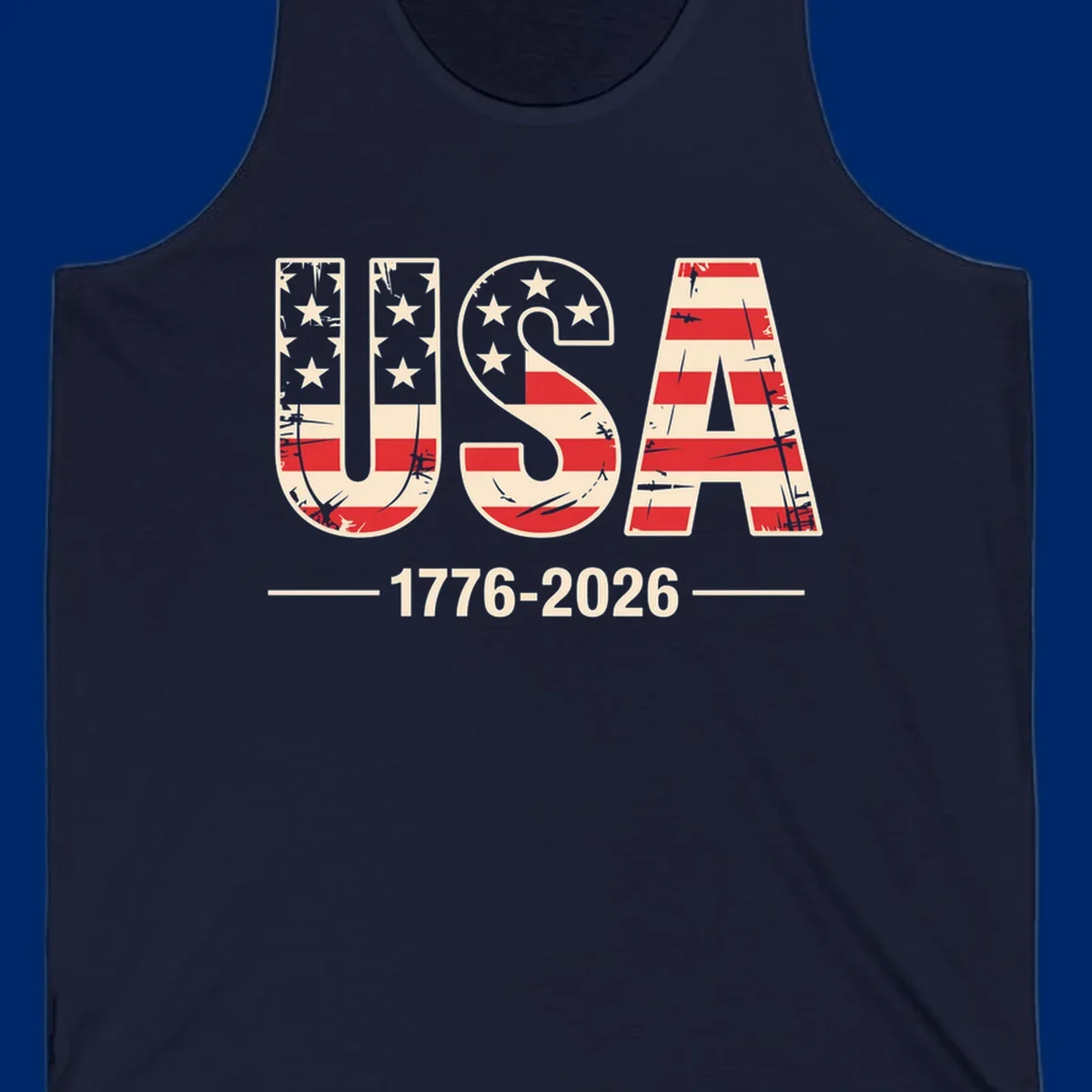 A vintage distressed design featuring the letters USA filled with stars and stripes, with 1776-2026 below, celebrating the usa-250th-anniversary.