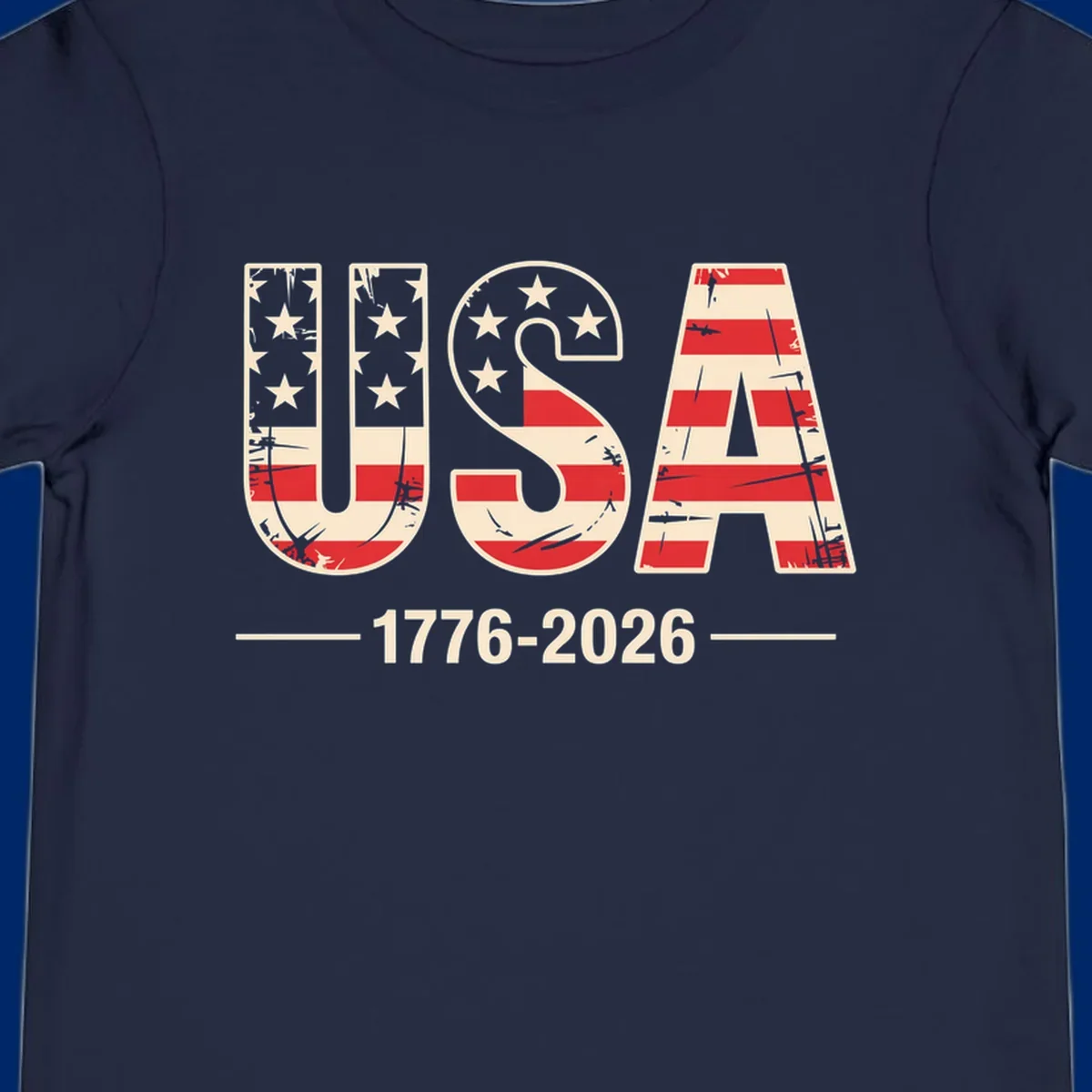 A vintage distressed design featuring the letters USA filled with stars and stripes, with 1776-2026 below, celebrating the usa-250th-anniversary.
