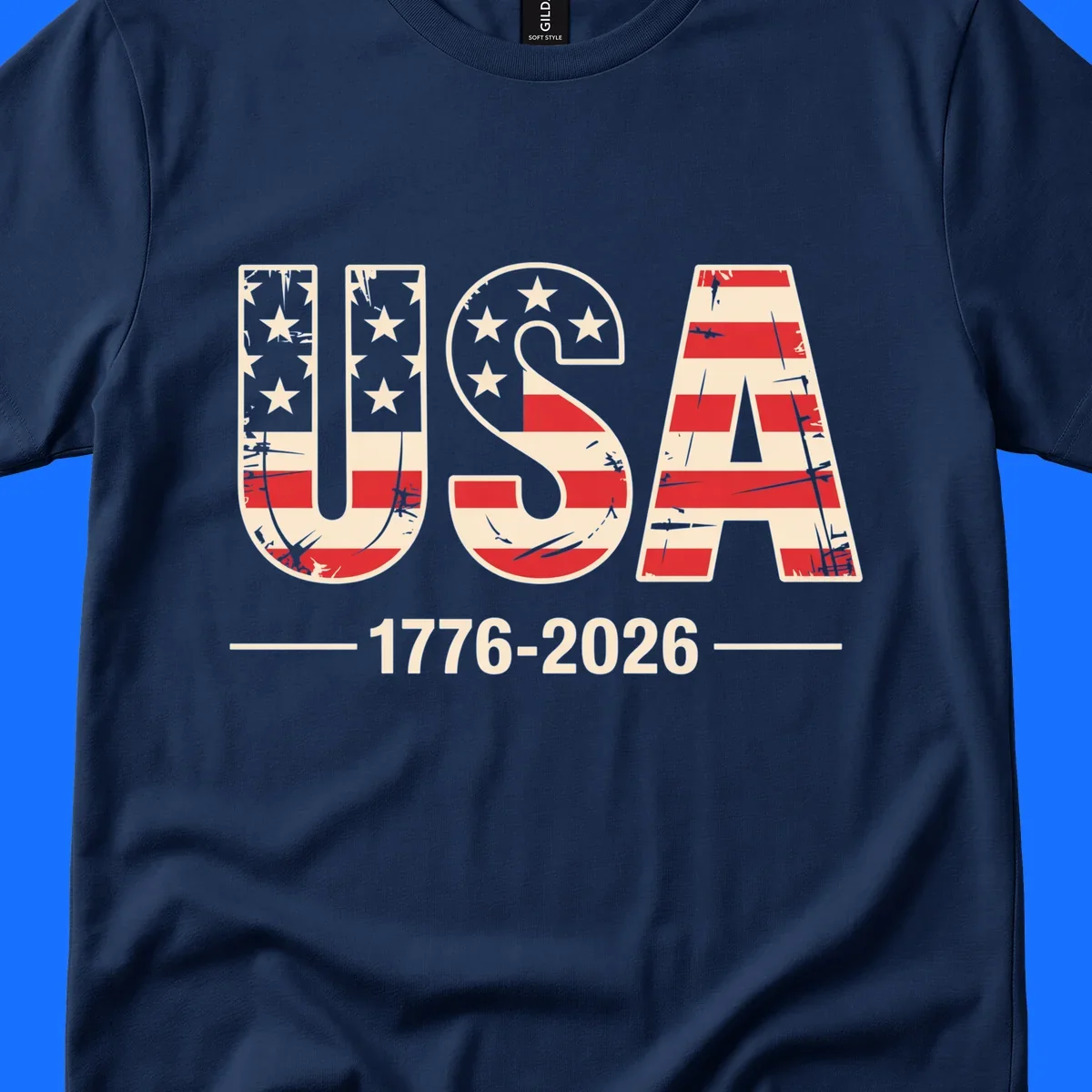 A vintage distressed design featuring the letters USA filled with stars and stripes, with 1776-2026 below, celebrating the usa-250th-anniversary.