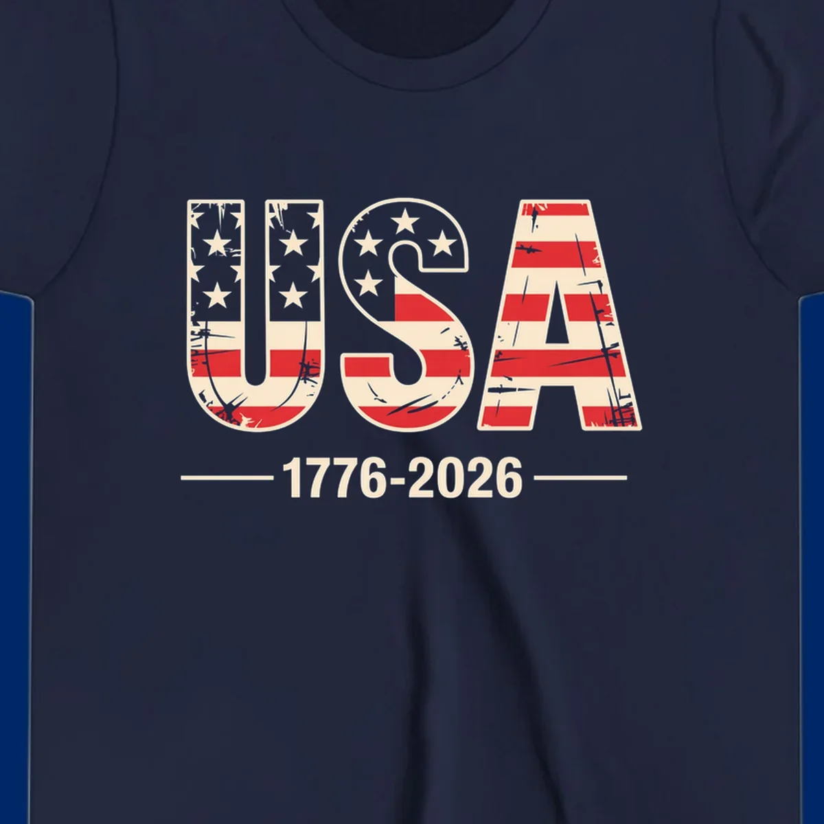 A vintage distressed design featuring the letters USA filled with stars and stripes, with 1776-2026 below, celebrating the usa-250th-anniversary.