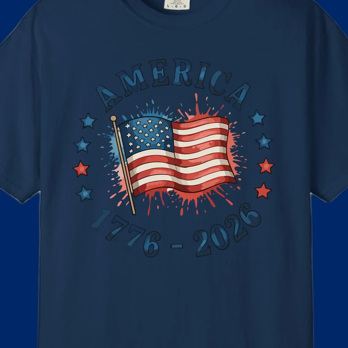 A patriotic America 250th anniversary flag design with text 'AMERICA' and '1776 - 2026' with paint splatters and stars.