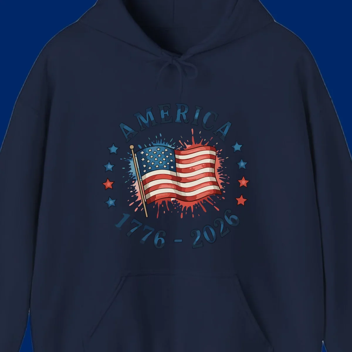 A patriotic America 250th anniversary flag design with text 'AMERICA' and '1776 - 2026' with paint splatters and stars.