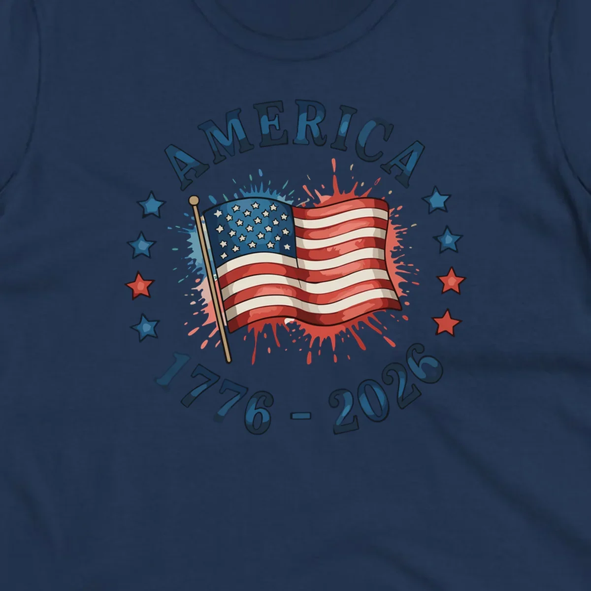 A patriotic America 250th anniversary flag design with text 'AMERICA' and '1776 - 2026' with paint splatters and stars.
