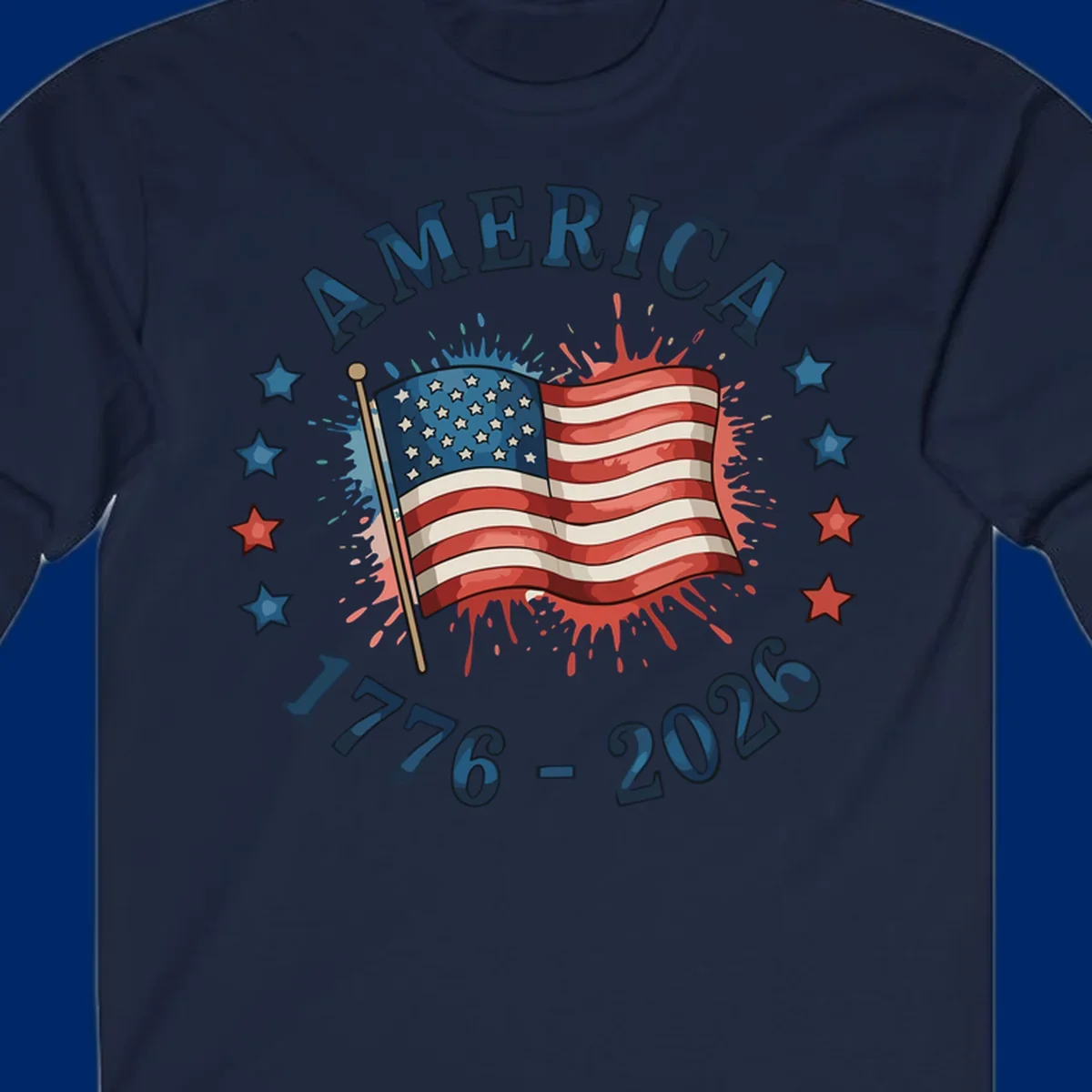 A patriotic America 250th anniversary flag design with text 'AMERICA' and '1776 - 2026' with paint splatters and stars.