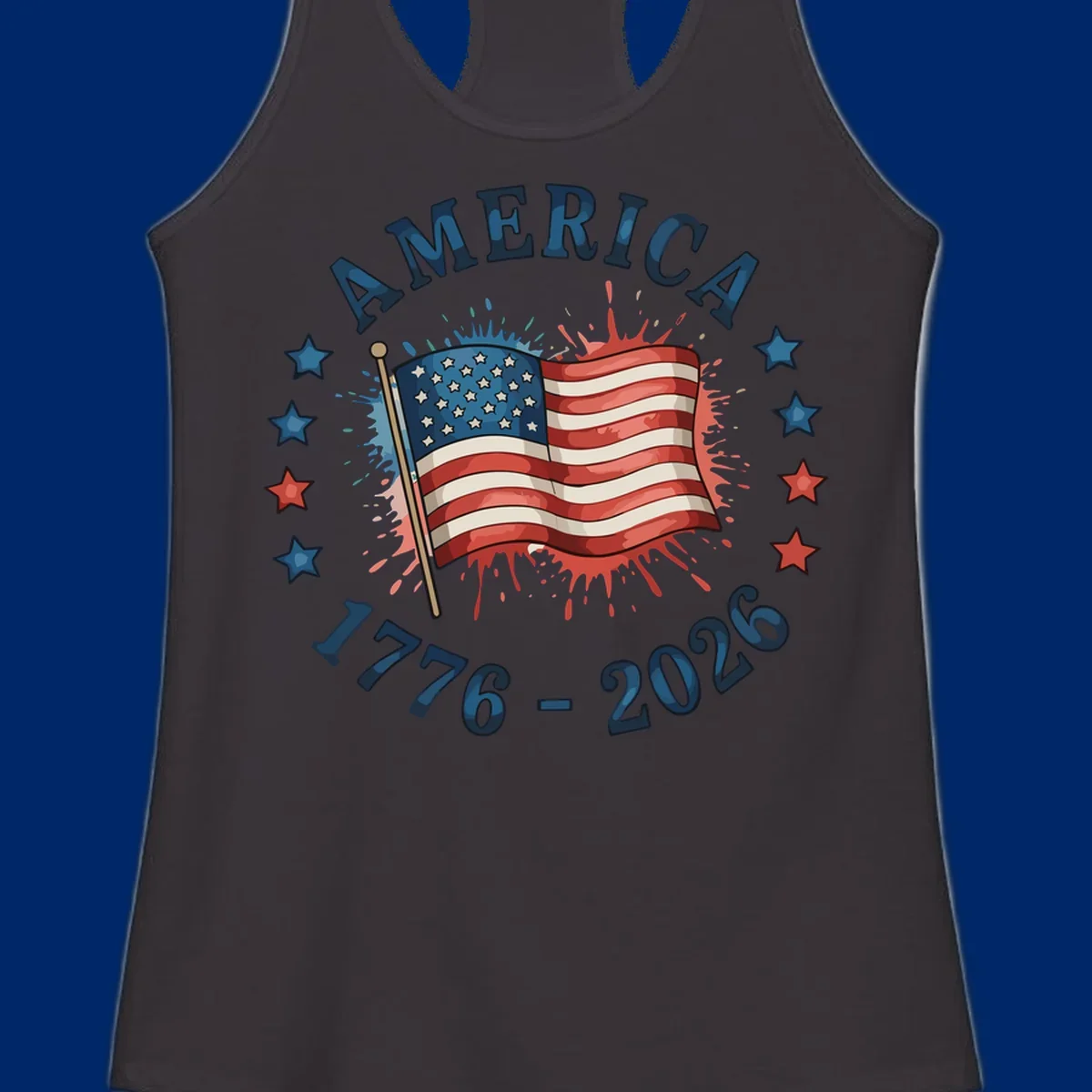 A patriotic America 250th anniversary flag design with text 'AMERICA' and '1776 - 2026' with paint splatters and stars.