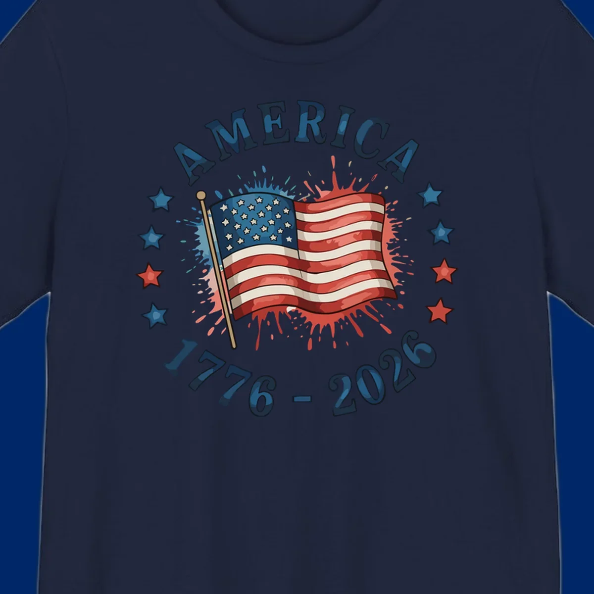 A patriotic America 250th anniversary flag design with text 'AMERICA' and '1776 - 2026' with paint splatters and stars.