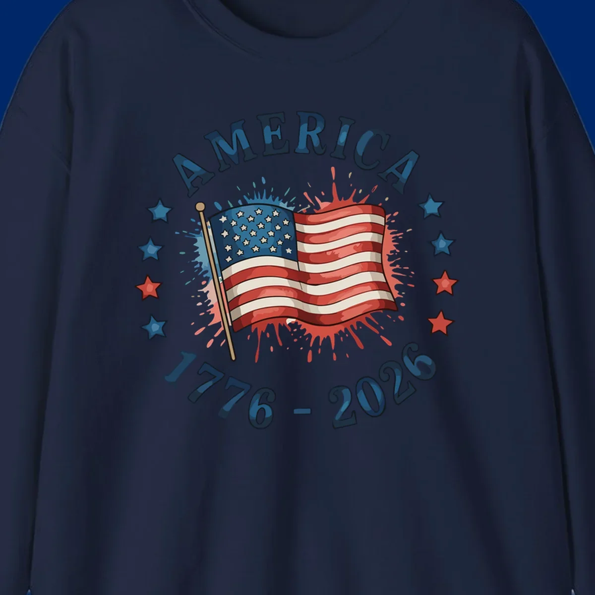 A patriotic America 250th anniversary flag design with text 'AMERICA' and '1776 - 2026' with paint splatters and stars.