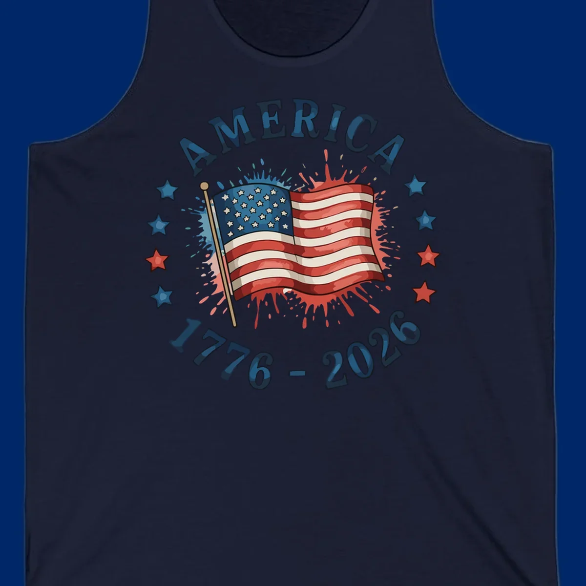 A patriotic America 250th anniversary flag design with text 'AMERICA' and '1776 - 2026' with paint splatters and stars.