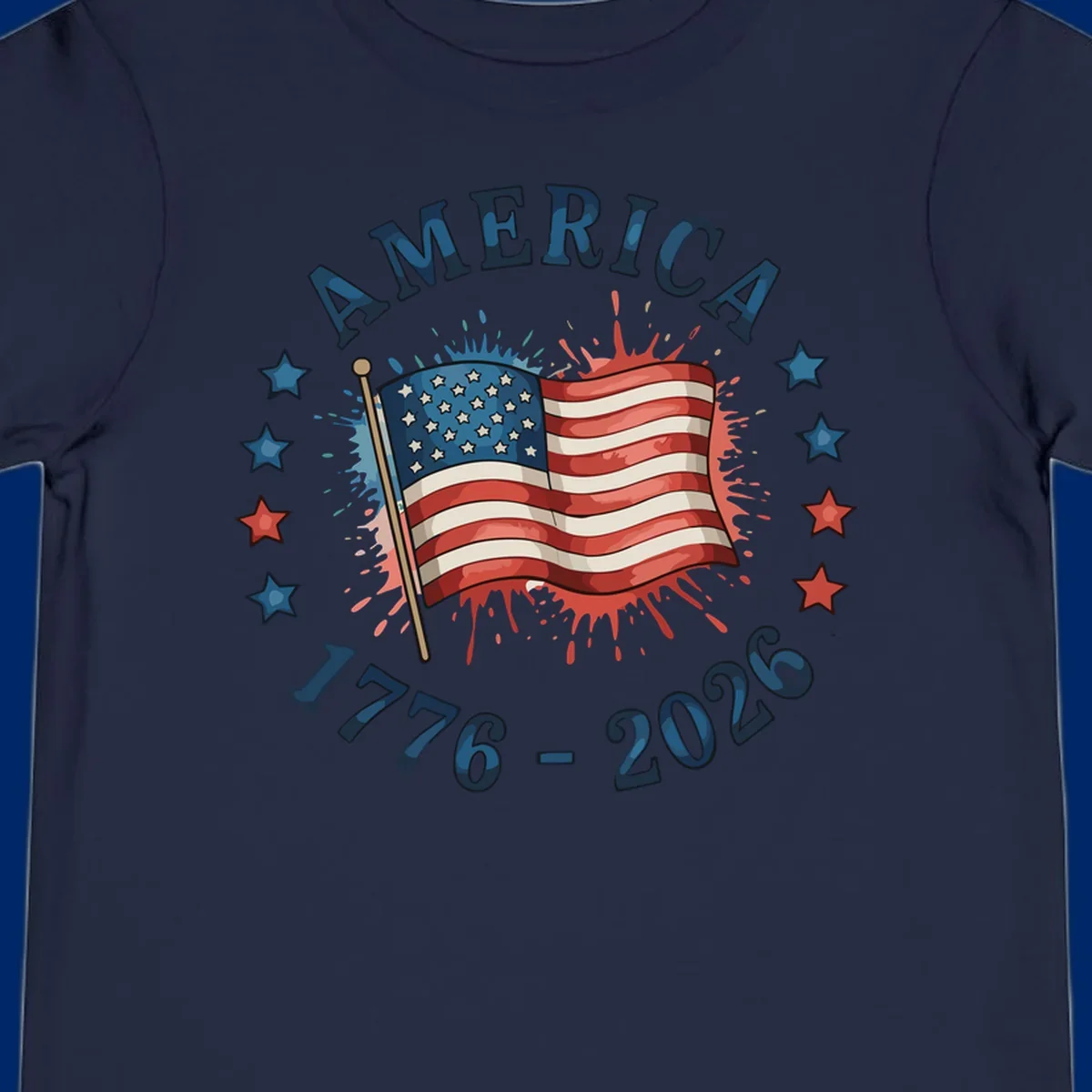 A patriotic America 250th anniversary flag design with text 'AMERICA' and '1776 - 2026' with paint splatters and stars.