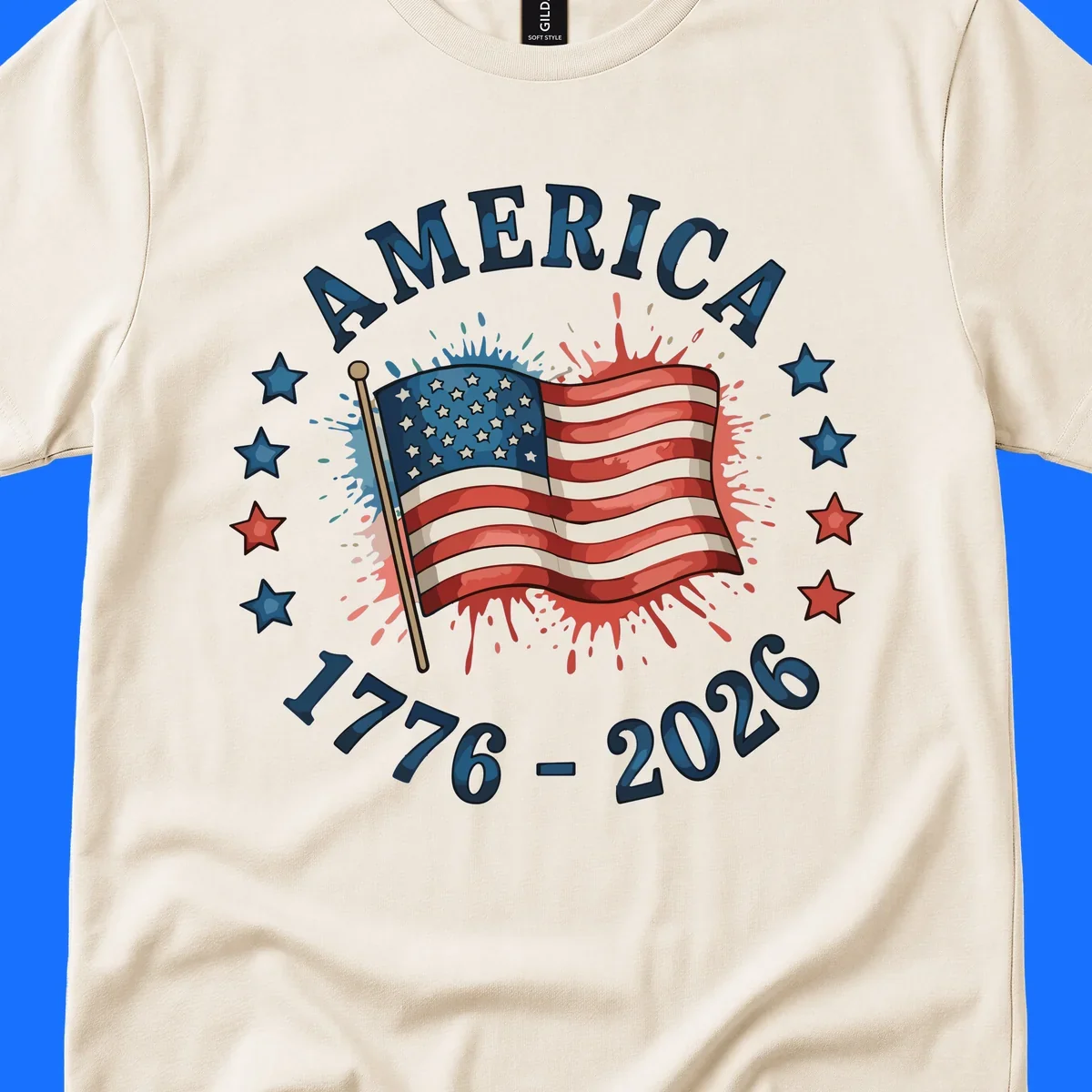 A patriotic America 250th anniversary flag design with text 'AMERICA' and '1776 - 2026' with paint splatters and stars.