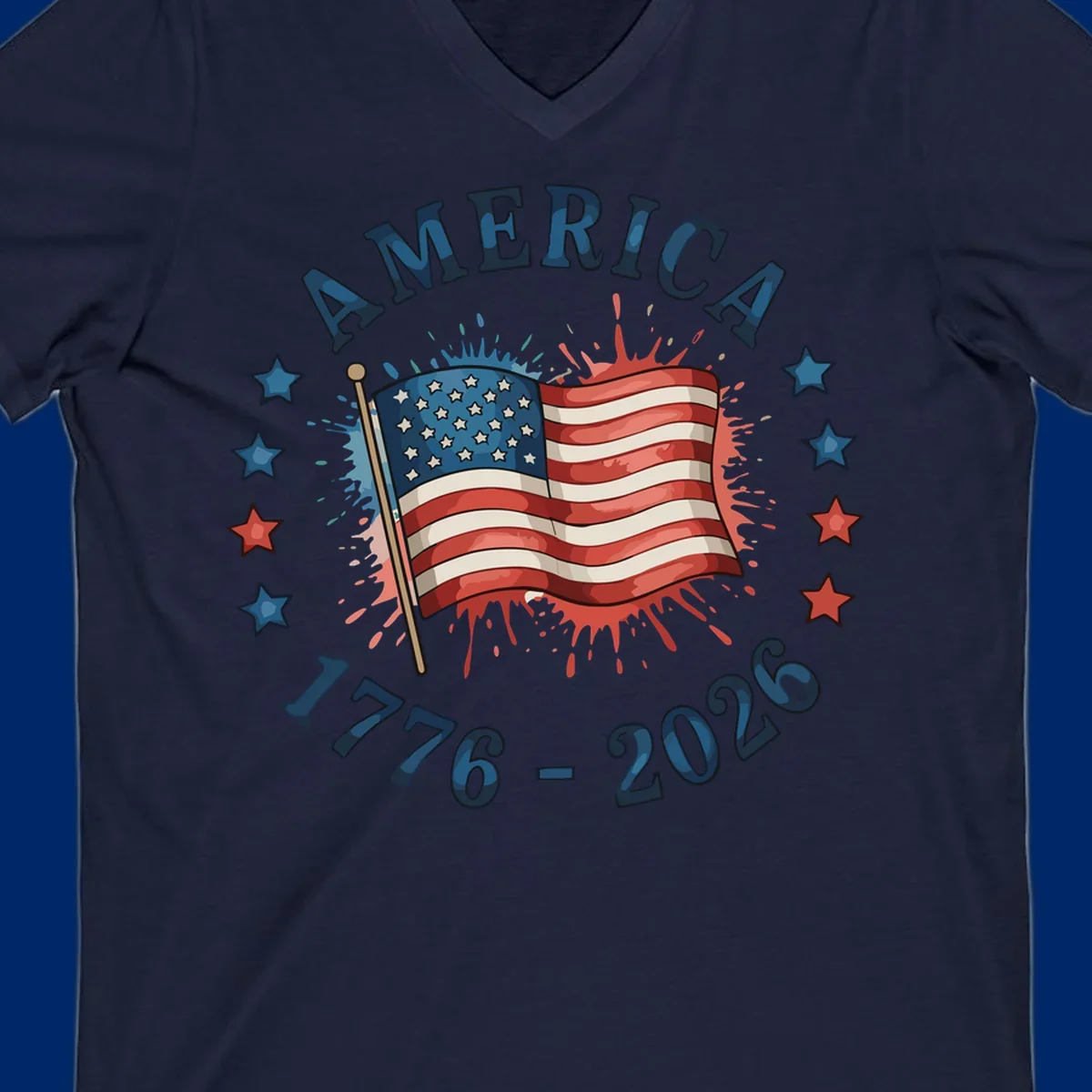 A patriotic America 250th anniversary flag design with text 'AMERICA' and '1776 - 2026' with paint splatters and stars.